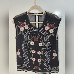 Beautiful Floral Embroidered Sheer Black Top, Size XS